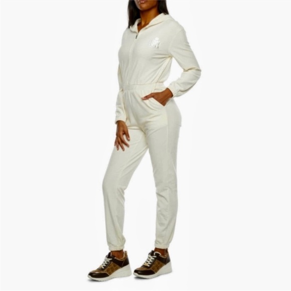 Juicy Couture Pants - Juicy Couture Velour Long Sleeve Jumpsuit One Piece Suit hood Cream Pebble large